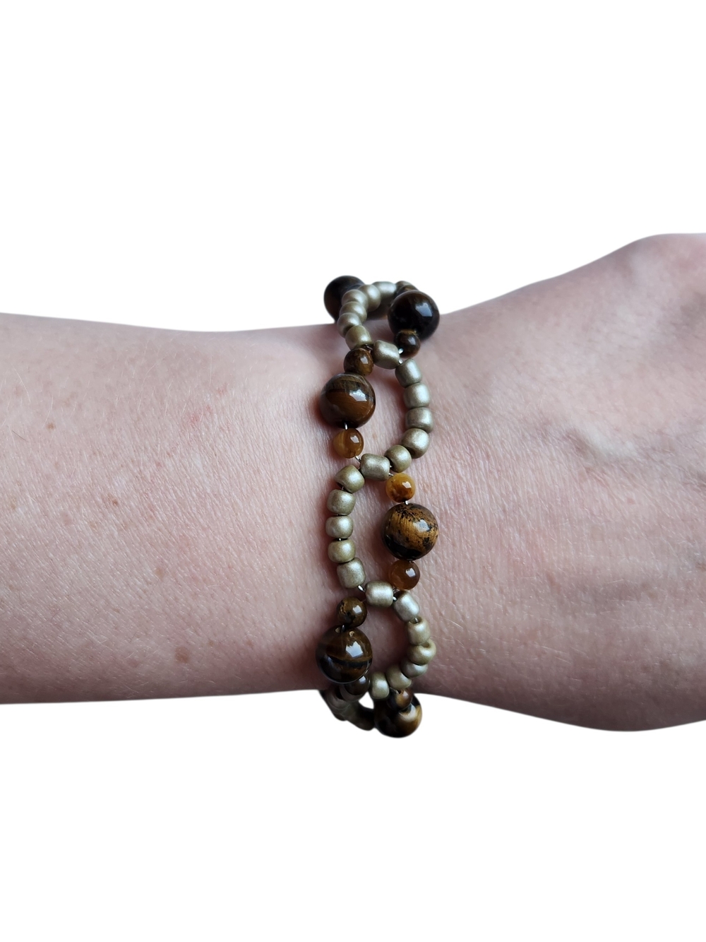 Tigers Eye and Metallic Beige Beaded Wrap Bracelet